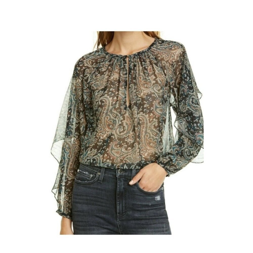 Joie Kriston Paisley Ruffle Chiffon Blouse Black Sheer Whimsigoth L Flowy Caviar